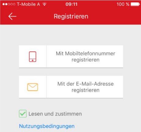 Accountregistrierung mit Mobilrufnummer oder Mailadresse